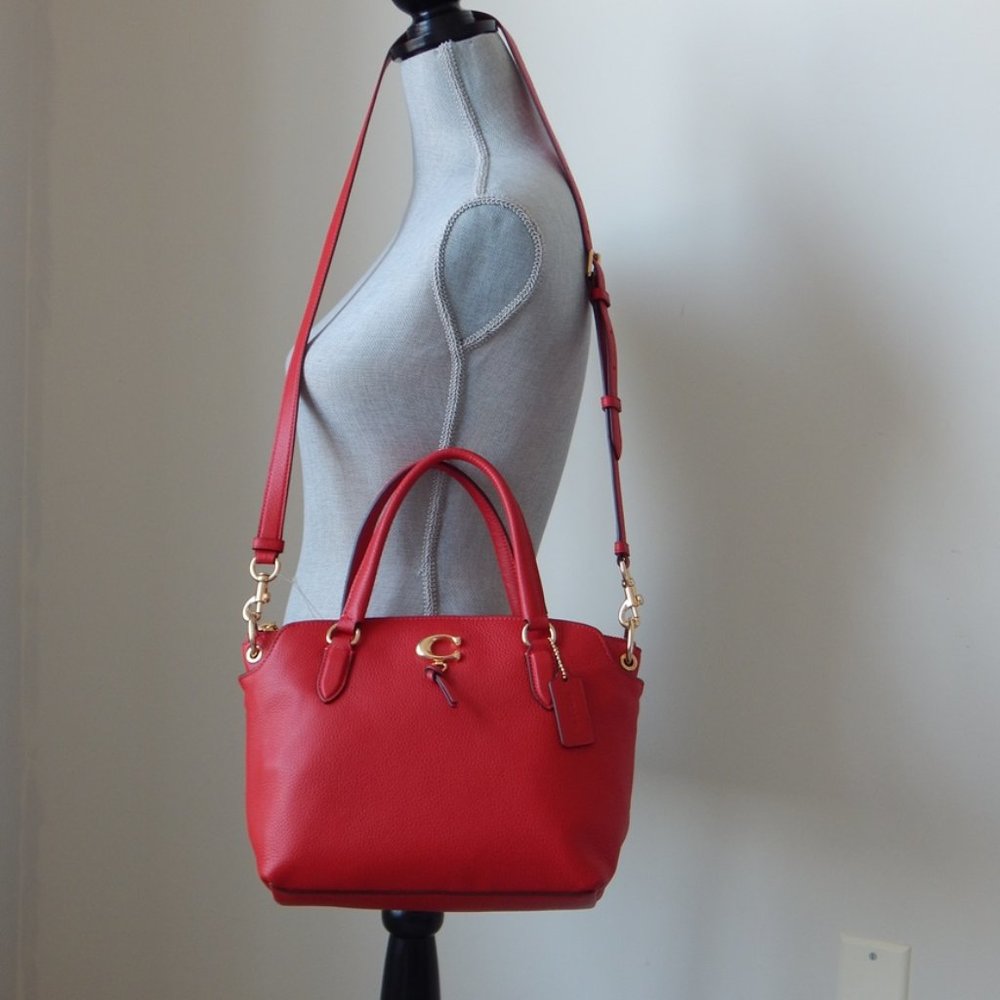 NWT COACH REMI Pebbled Leather Three Compartments Satchel Top Handle Bag in RED